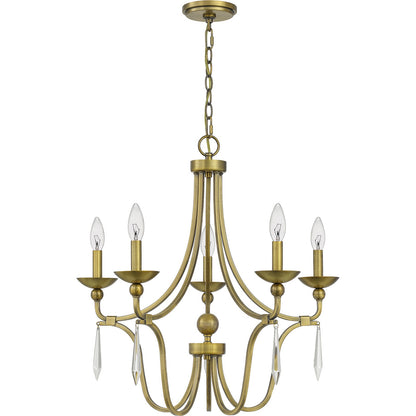 Quoizel Joules 25in 5-Light Chandelier | Traditional Aged Brass Steel with Crystal Drops | Dining Room & Foyer | 25 x 25 x 24.25 in | Model JOU5025AB