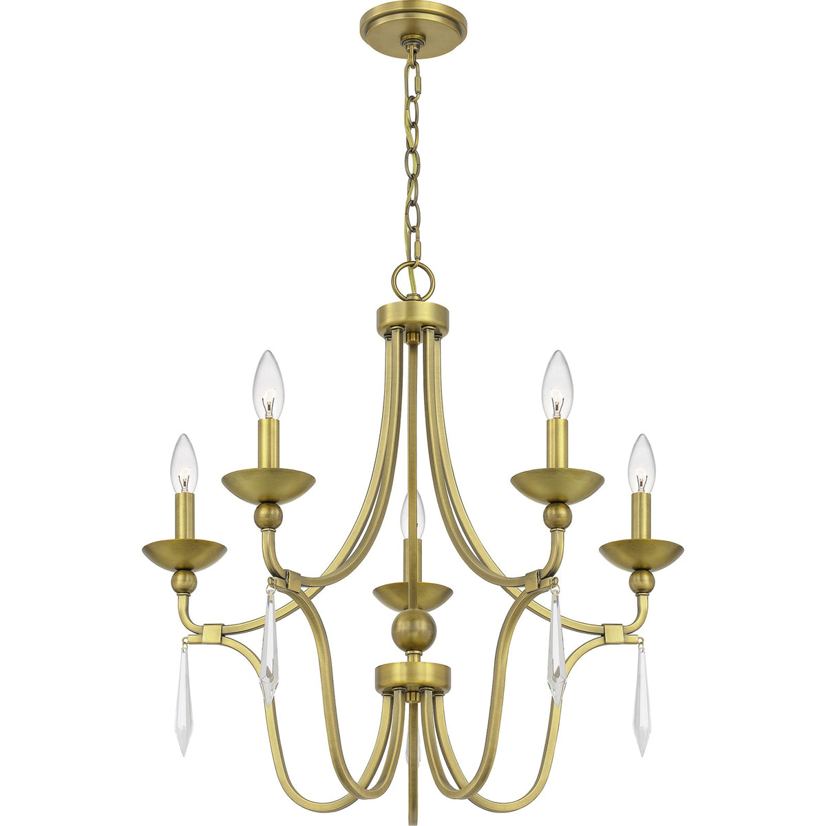 Quoizel Joules 25in 5-Light Chandelier | Traditional Aged Brass Steel with Crystal Drops | Dining Room & Foyer | 25 x 25 x 24.25 in | Model JOU5025AB