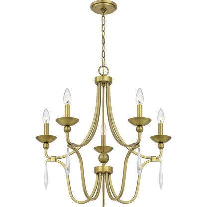 Quoizel Joules 25in 5-Light Chandelier | Traditional Aged Brass Steel with Crystal Drops | Dining Room & Foyer | 25 x 25 x 24.25 in | Model JOU5025AB
