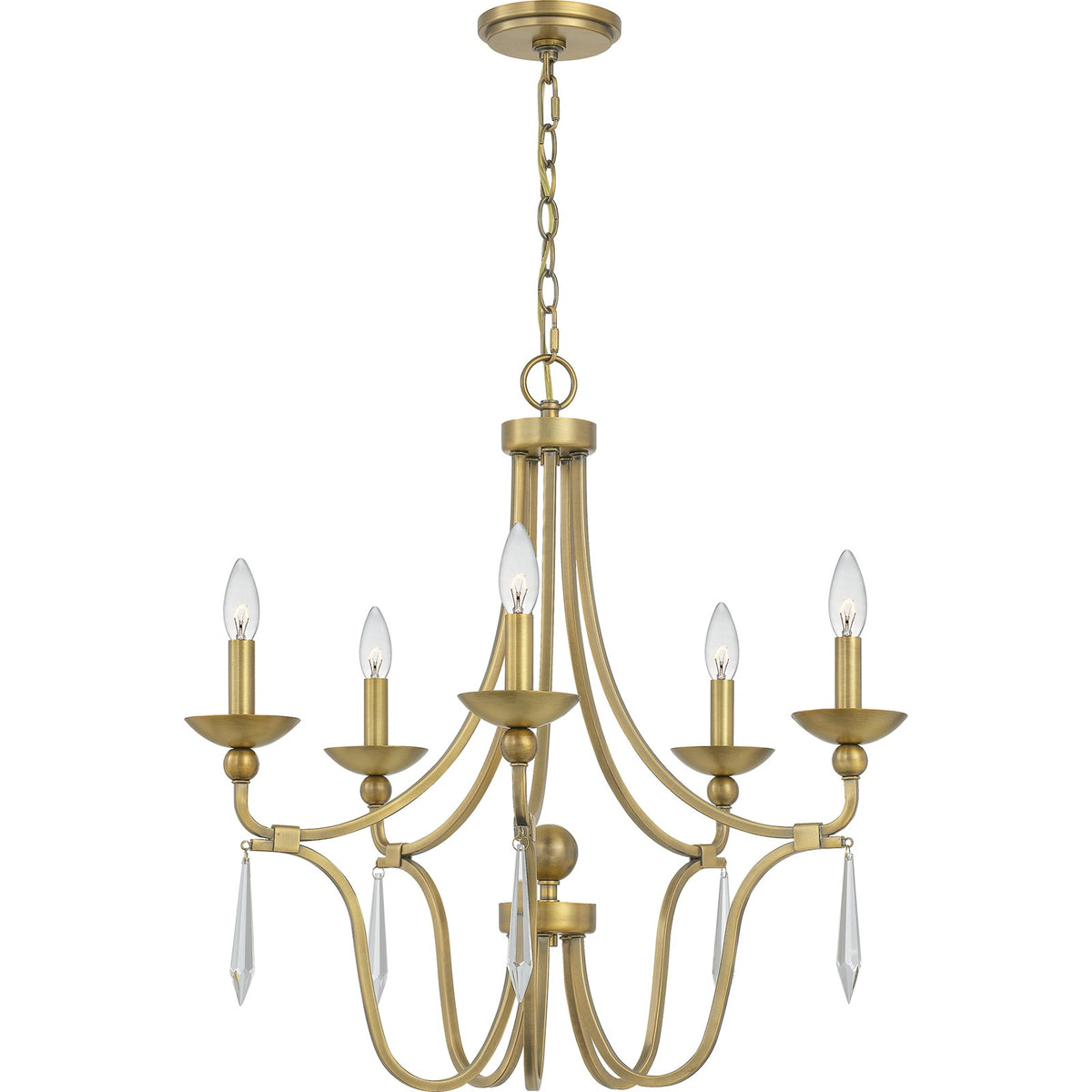 Quoizel Joules 25in 5-Light Chandelier | Traditional Aged Brass Steel with Crystal Drops | Dining Room & Foyer | 25 x 25 x 24.25 in | Model JOU5025AB