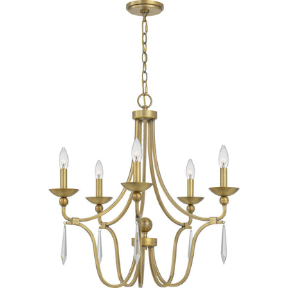 Quoizel Joules 25in 5-Light Chandelier | Traditional Aged Brass Steel with Crystal Drops | Dining Room & Foyer | 25 x 25 x 24.25 in | Model JOU5025AB