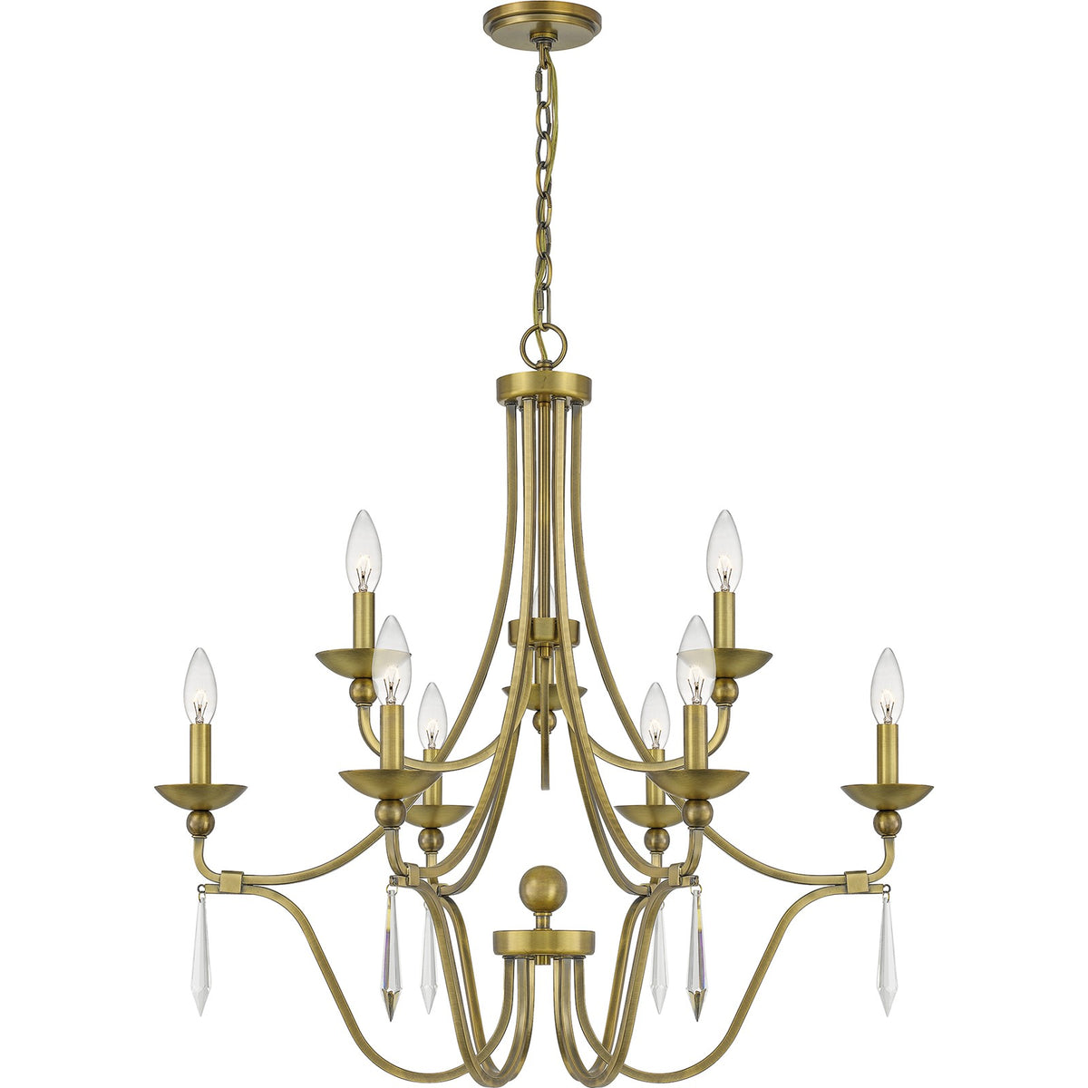 Quoizel Joules 32in 9-Light Chandelier | Traditional Aged Brass Steel with Crystal Drops | Dining Room & Foyer | 32 x 32 x 31 in | Model JOU5032AB