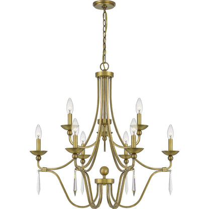 Quoizel Joules 32in 9-Light Chandelier | Traditional Aged Brass Steel with Crystal Drops | Dining Room & Foyer | 32 x 32 x 31 in | Model JOU5032AB
