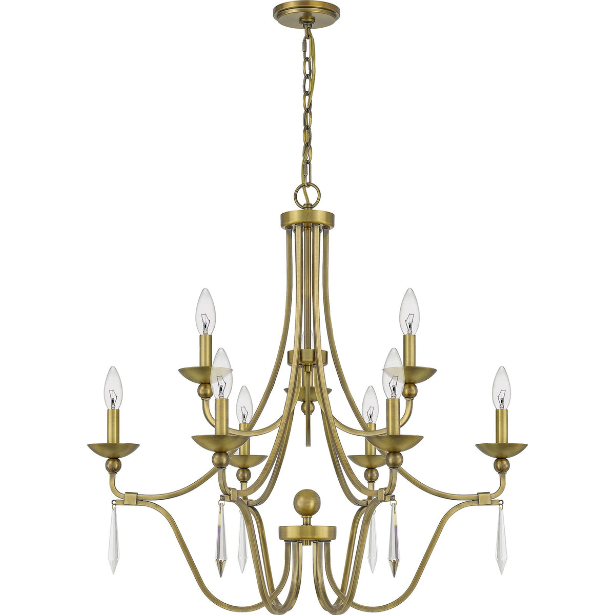 Quoizel Joules 32in 9-Light Chandelier | Traditional Aged Brass Steel with Crystal Drops | Dining Room & Foyer | 32 x 32 x 31 in | Model JOU5032AB