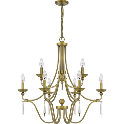 Quoizel Joules 32in 9-Light Chandelier | Traditional Aged Brass Steel with Crystal Drops | Dining Room & Foyer | 32 x 32 x 31 in | Model JOU5032AB