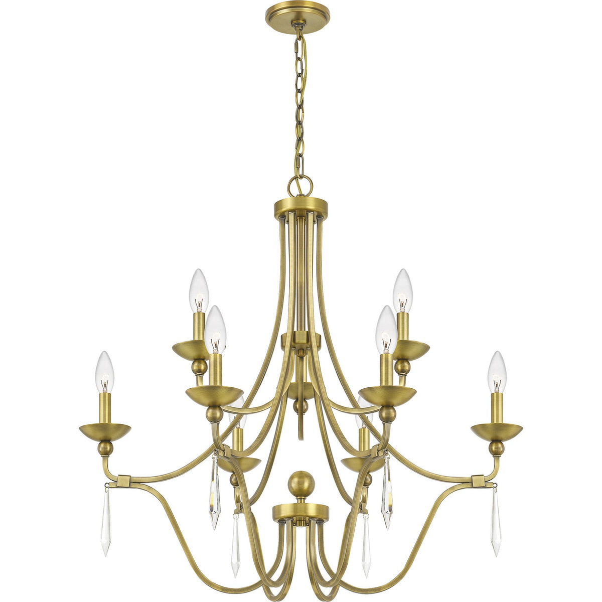 Quoizel Joules 32in 9-Light Chandelier | Traditional Aged Brass Steel with Crystal Drops | Dining Room & Foyer | 32 x 32 x 31 in | Model JOU5032AB