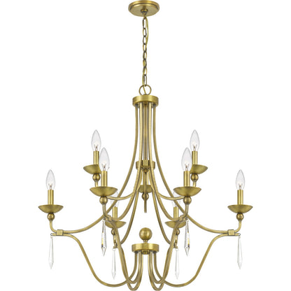 Quoizel Joules 32in 9-Light Chandelier | Traditional Aged Brass Steel with Crystal Drops | Dining Room & Foyer | 32 x 32 x 31 in | Model JOU5032AB