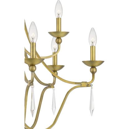Quoizel Joules 32in 9-Light Chandelier | Traditional Aged Brass Steel with Crystal Drops | Dining Room & Foyer | 32 x 32 x 31 in | Model JOU5032AB