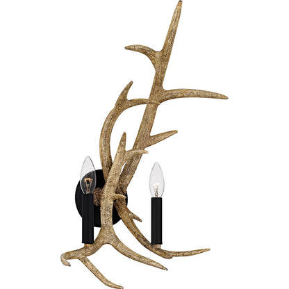 Quoizel Journey 2-Light Wall Sconce | Rustic Earth Black Steel and Resin Antlers | Cabin Hallway & Living Room | Model JR8713EK