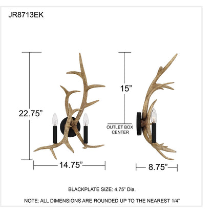 Quoizel Journey 2-Light Wall Sconce | Rustic Earth Black Steel and Resin Antlers | Cabin Hallway & Living Room | Model JR8713EK