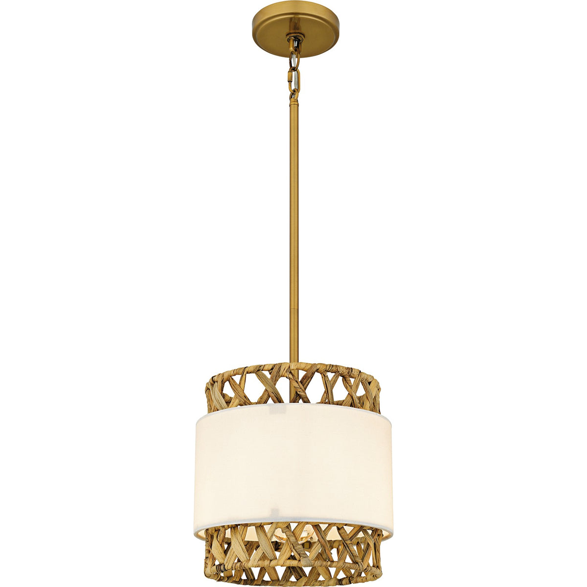 Quoizel Kate 10in 1-Light Mini Pendant | Coastal Brushed Gold and White Linen Rattan | Kitchen Island & Dining Room | Model KAT1510BRG
