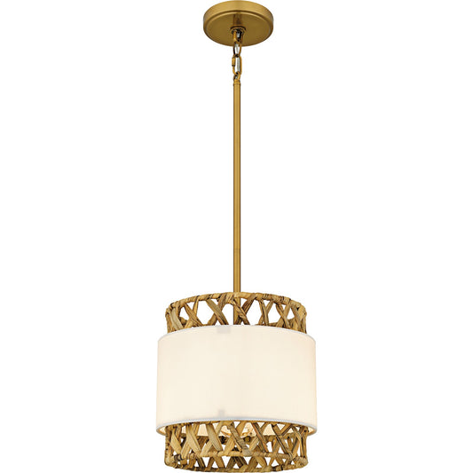 Quoizel Kate 10in 1-Light Mini Pendant | Coastal Brushed Gold and White Linen Rattan | Kitchen Island & Dining Room | Model KAT1510BRG
