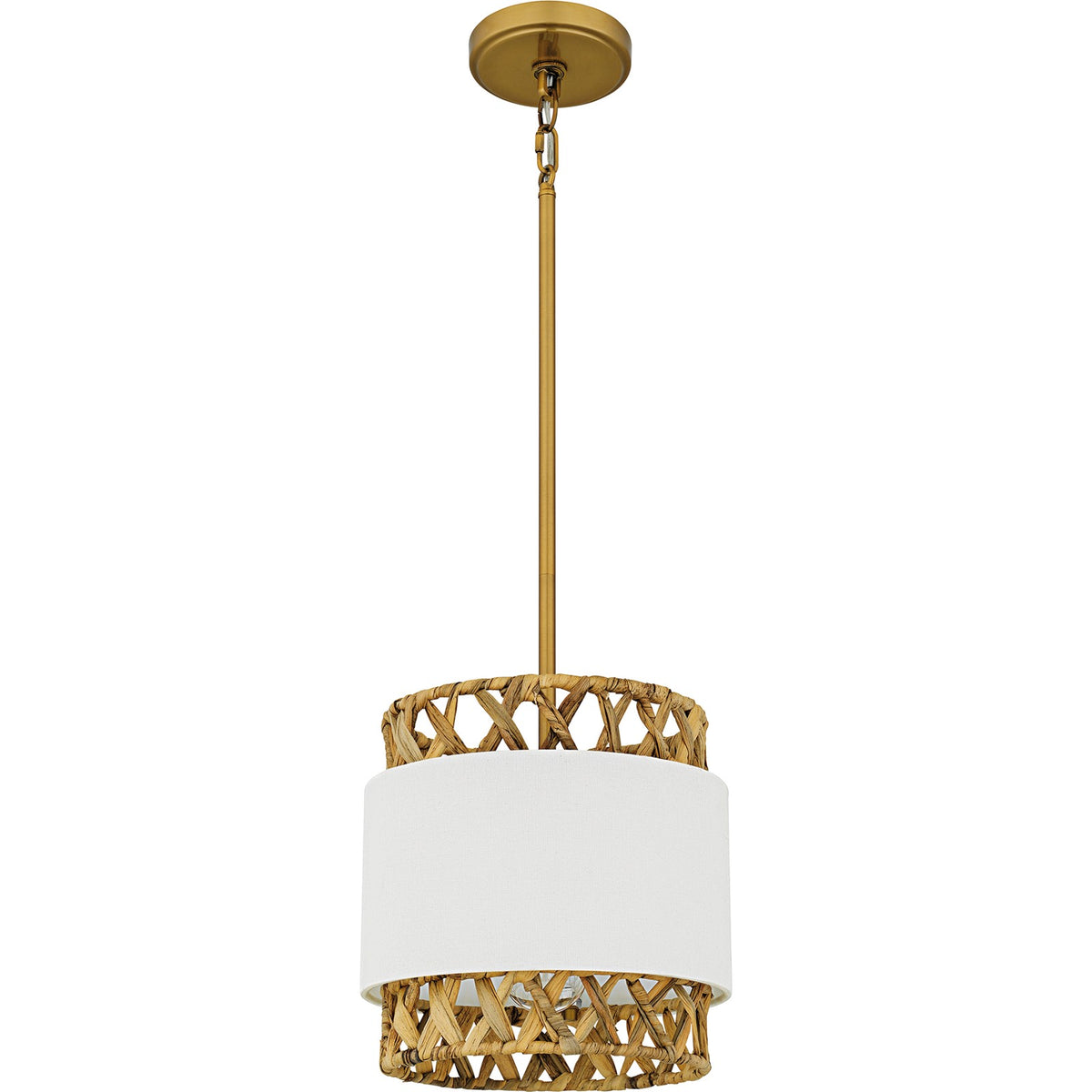 Quoizel Kate 10in 1-Light Mini Pendant | Coastal Brushed Gold and White Linen Rattan | Kitchen Island & Dining Room | Model KAT1510BRG