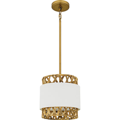 Quoizel Kate 10in 1-Light Mini Pendant | Coastal Brushed Gold and White Linen Rattan | Kitchen Island & Dining Room | Model KAT1510BRG