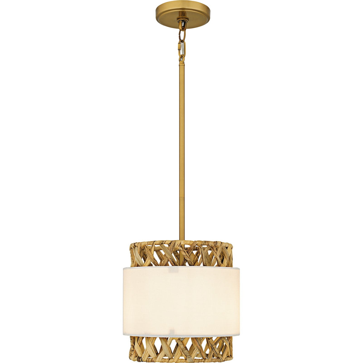Quoizel Kate 10in 1-Light Mini Pendant | Coastal Brushed Gold and White Linen Rattan | Kitchen Island & Dining Room | Model KAT1510BRG