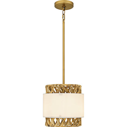 Quoizel Kate 10in 1-Light Mini Pendant | Coastal Brushed Gold and White Linen Rattan | Kitchen Island & Dining Room | Model KAT1510BRG