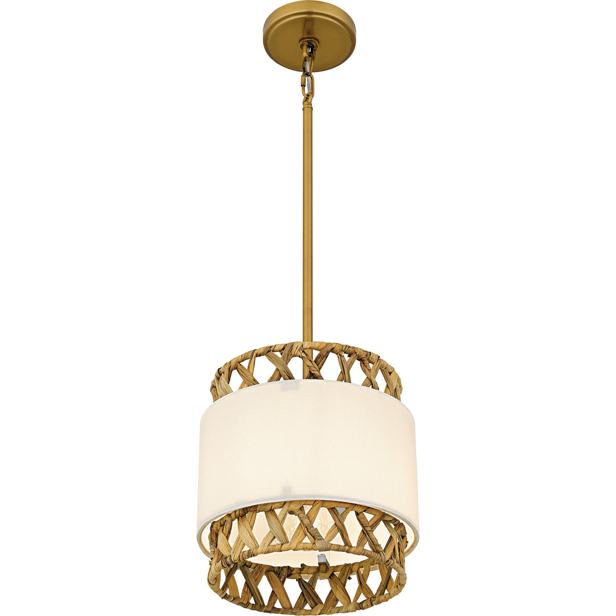 Quoizel Kate 10in 1-Light Mini Pendant | Coastal Brushed Gold and White Linen Rattan | Kitchen Island & Dining Room | Model KAT1510BRG