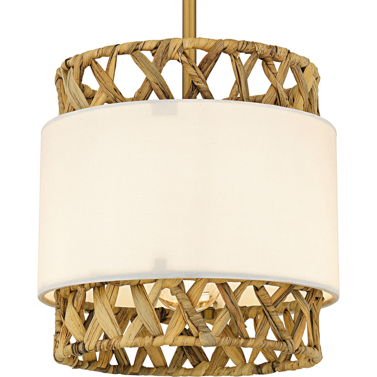 Quoizel Kate 10in 1-Light Mini Pendant | Coastal Brushed Gold and White Linen Rattan | Kitchen Island & Dining Room | Model KAT1510BRG