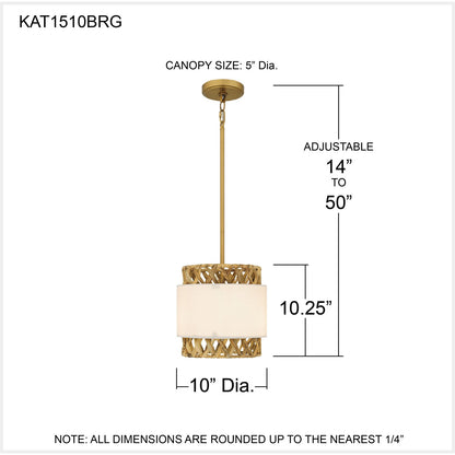 Quoizel Kate 10in 1-Light Mini Pendant | Coastal Brushed Gold and White Linen Rattan | Kitchen Island & Dining Room | Model KAT1510BRG