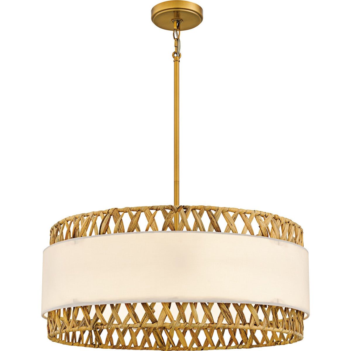 Quoizel Kate 24in 5-Light Pendant | Coastal Brushed Gold and White Linen Rattan | Dining Room & Kitchen Island | 24 x 24 x 10.25 in | Model KAT2824BRG