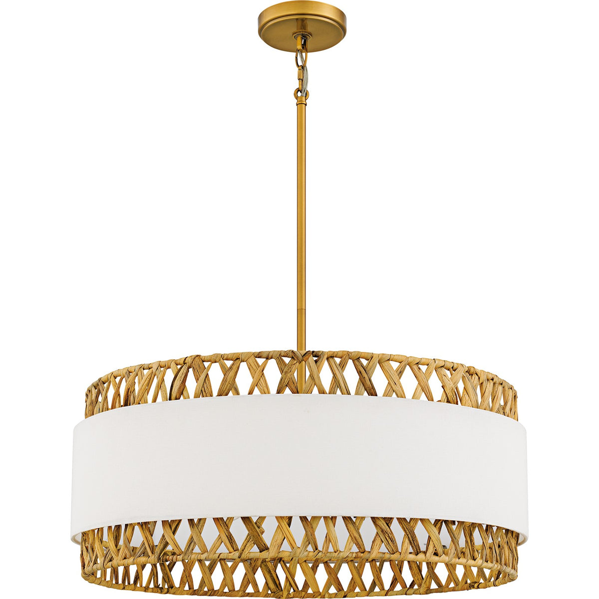 Quoizel Kate 24in 5-Light Pendant | Coastal Brushed Gold and White Linen Rattan | Dining Room & Kitchen Island | 24 x 24 x 10.25 in | Model KAT2824BRG