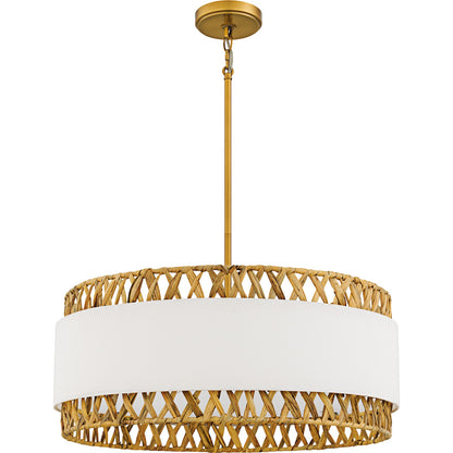 Quoizel Kate 24in 5-Light Pendant | Coastal Brushed Gold and White Linen Rattan | Dining Room & Kitchen Island | 24 x 24 x 10.25 in | Model KAT2824BRG