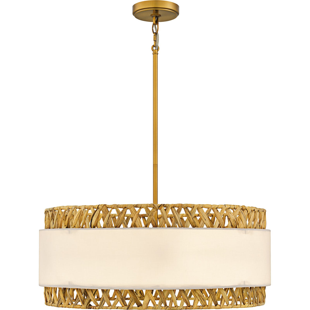Quoizel Kate 24in 5-Light Pendant | Coastal Brushed Gold and White Linen Rattan | Dining Room & Kitchen Island | 24 x 24 x 10.25 in | Model KAT2824BRG