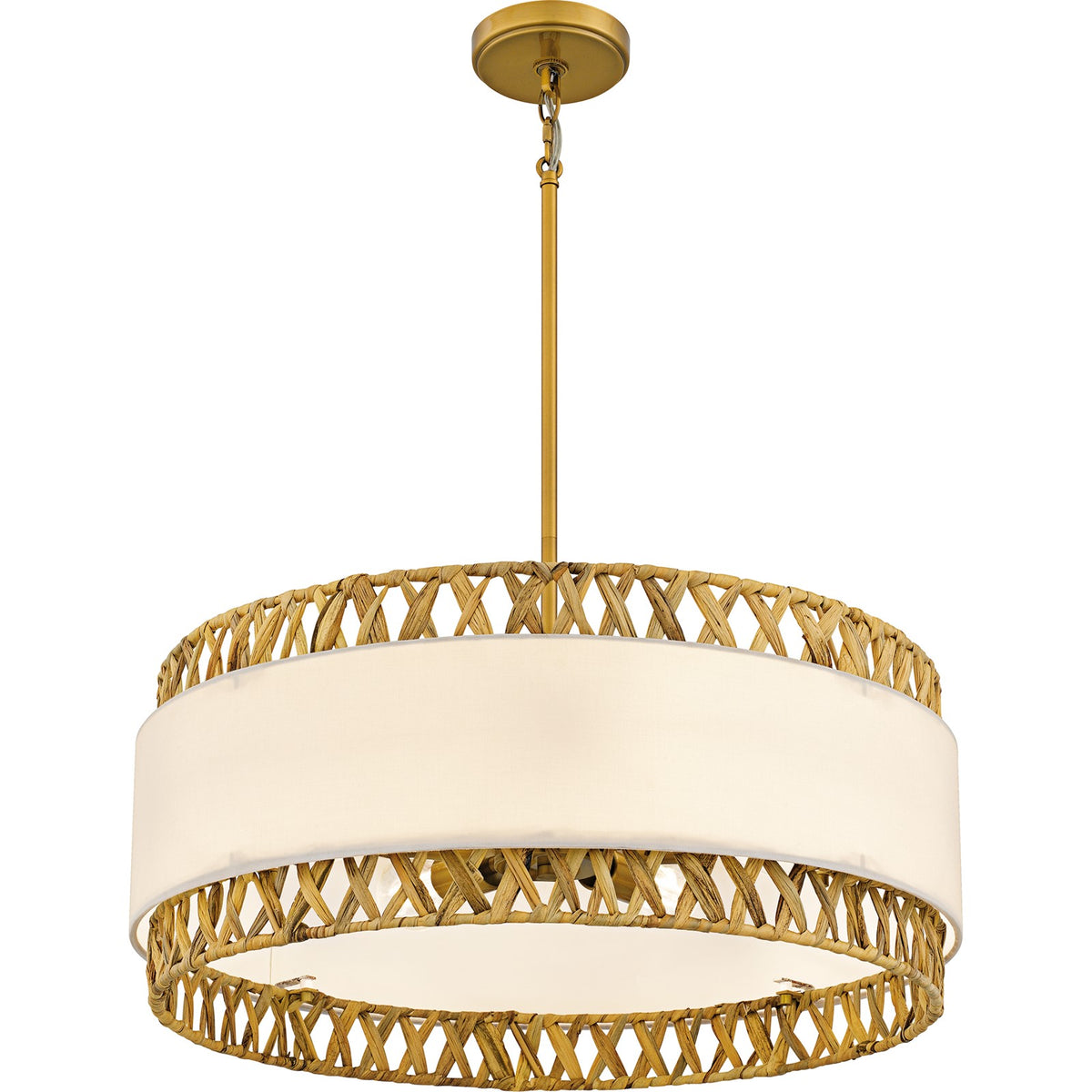 Quoizel Kate 24in 5-Light Pendant | Coastal Brushed Gold and White Linen Rattan | Dining Room & Kitchen Island | 24 x 24 x 10.25 in | Model KAT2824BRG