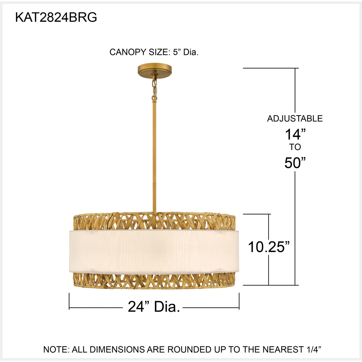 Quoizel Kate 24in 5-Light Pendant | Coastal Brushed Gold and White Linen Rattan | Dining Room & Kitchen Island | 24 x 24 x 10.25 in | Model KAT2824BRG
