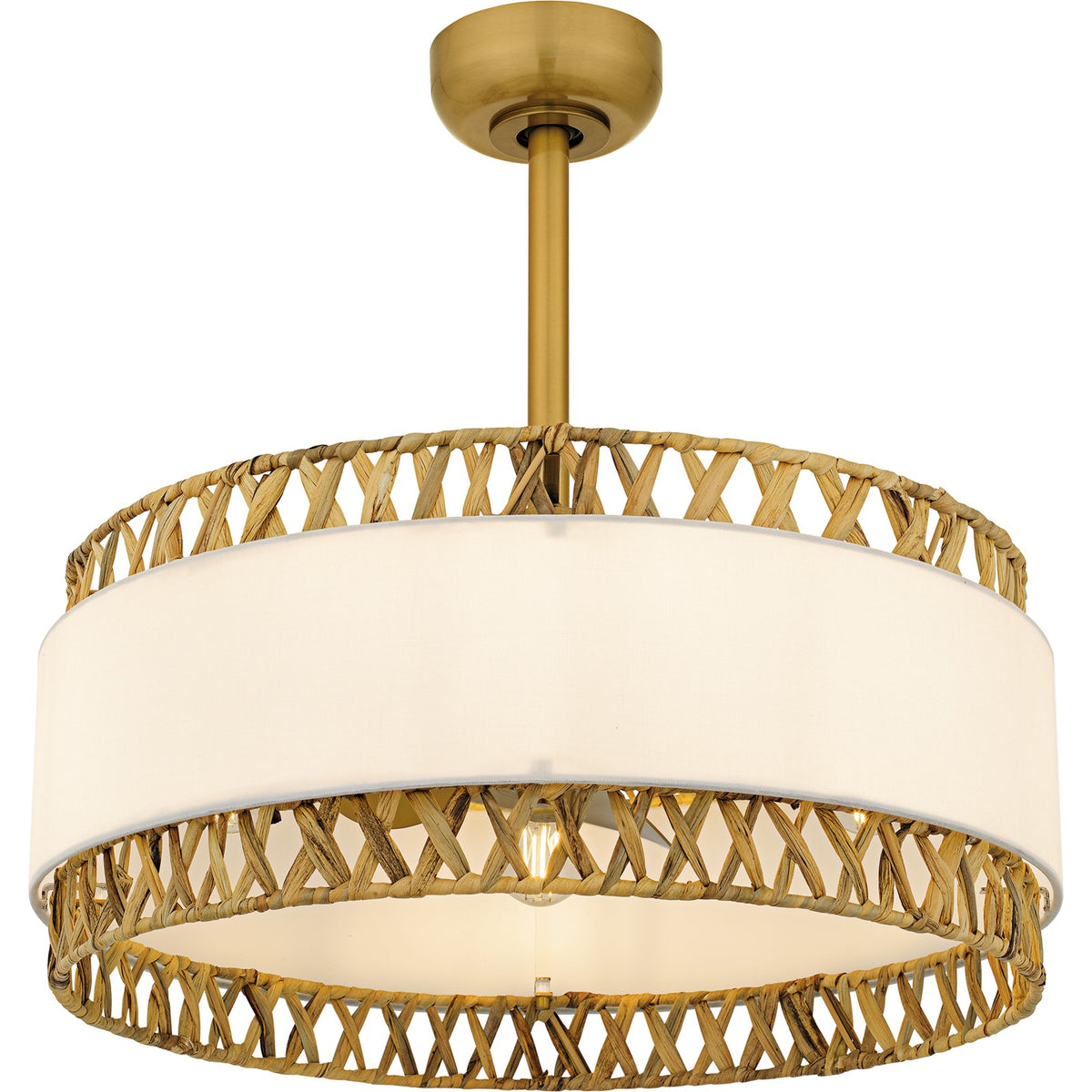 Quoizel Kate 24in 4-Light Fandelier | Coastal Brushed Gold and White Linen Rattan | Bedroom & Living Room | 24 x 24 x 11.75 in | Model KAT3124BRG