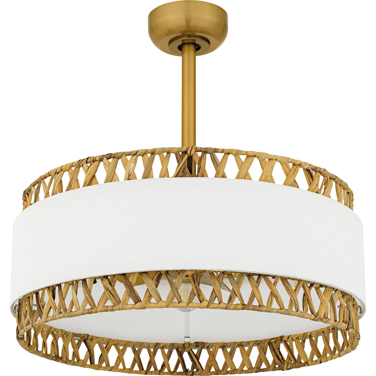 Quoizel Kate 24in 4-Light Fandelier | Coastal Brushed Gold and White Linen Rattan | Bedroom & Living Room | 24 x 24 x 11.75 in | Model KAT3124BRG