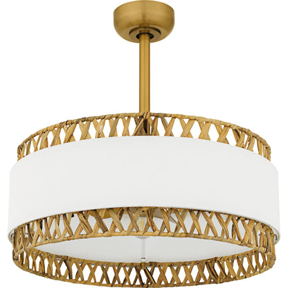 Quoizel Kate 24in 4-Light Fandelier | Coastal Brushed Gold and White Linen Rattan | Bedroom & Living Room | 24 x 24 x 11.75 in | Model KAT3124BRG