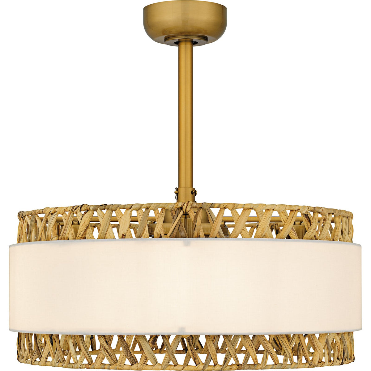 Quoizel Kate 24in 4-Light Fandelier | Coastal Brushed Gold and White Linen Rattan | Bedroom & Living Room | 24 x 24 x 11.75 in | Model KAT3124BRG