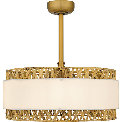 Quoizel Kate 24in 4-Light Fandelier | Coastal Brushed Gold and White Linen Rattan | Bedroom & Living Room | 24 x 24 x 11.75 in | Model KAT3124BRG