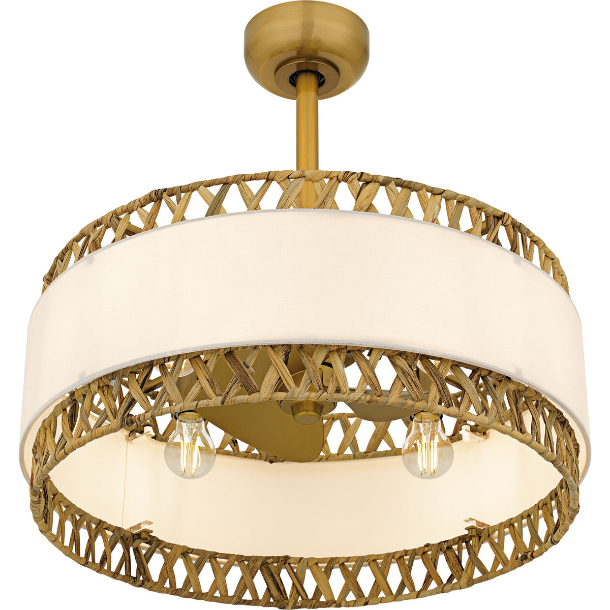 Quoizel Kate 24in 4-Light Fandelier | Coastal Brushed Gold and White Linen Rattan | Bedroom & Living Room | 24 x 24 x 11.75 in | Model KAT3124BRG