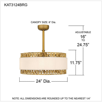 Quoizel Kate 24in 4-Light Fandelier | Coastal Brushed Gold and White Linen Rattan | Bedroom & Living Room | 24 x 24 x 11.75 in | Model KAT3124BRG