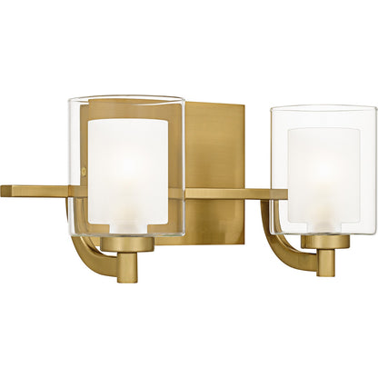Quoizel Kolt 13in 2-Light Vanity Light | Modern Brushed Gold and Clear Glass | Bathroom & Powder Room | 13 x 6.25 x 6 in | Model KLT8602BRGLED