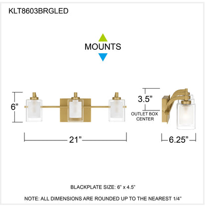 Quoizel Kolt 21in 3-Light Vanity Light | Modern Brushed Gold and Clear Glass | Bathroom & Powder Room | 21 x 6.25 x 6 in | Model KLT8603BRGLED
