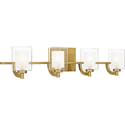 Quoizel Kolt 29in 4-Light Vanity Light | Modern Brushed Gold and Clear Glass | Bathroom Vanity & Powder Room | 29 x 6.25 x 6 in | Model KLT8604BRGLED