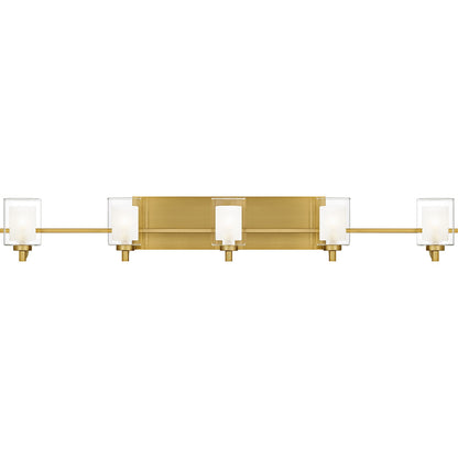 Quoizel Kolt 42in 5-Light Vanity Light | Modern Brushed Gold and Clear Glass | Bathroom Vanity & Powder Room | 42 x 6.25 x 6 in | Model KLT8605BRGLED