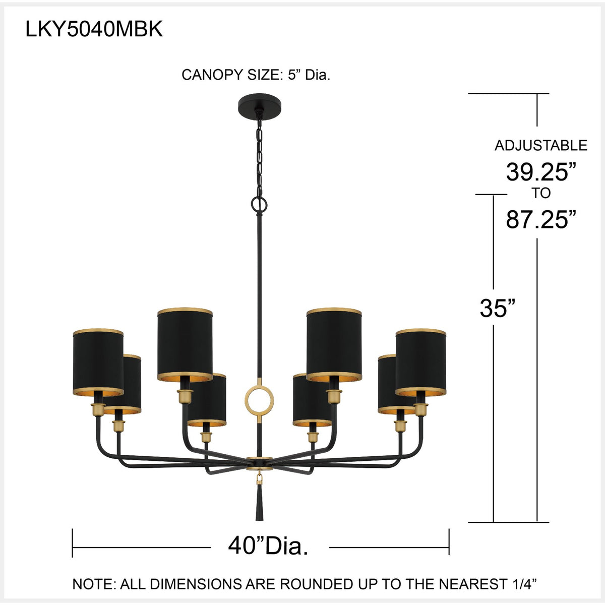 Quoizel Lockery 40in 8-Light Chandelier | Traditional Matte Black and Gold Steel | Dining Room & Foyer | 40 x 40 x 35 in | Model LKY5040MBK