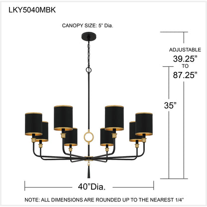 Quoizel Lockery 40in 8-Light Chandelier | Traditional Matte Black and Gold Steel | Dining Room & Foyer | 40 x 40 x 35 in | Model LKY5040MBK