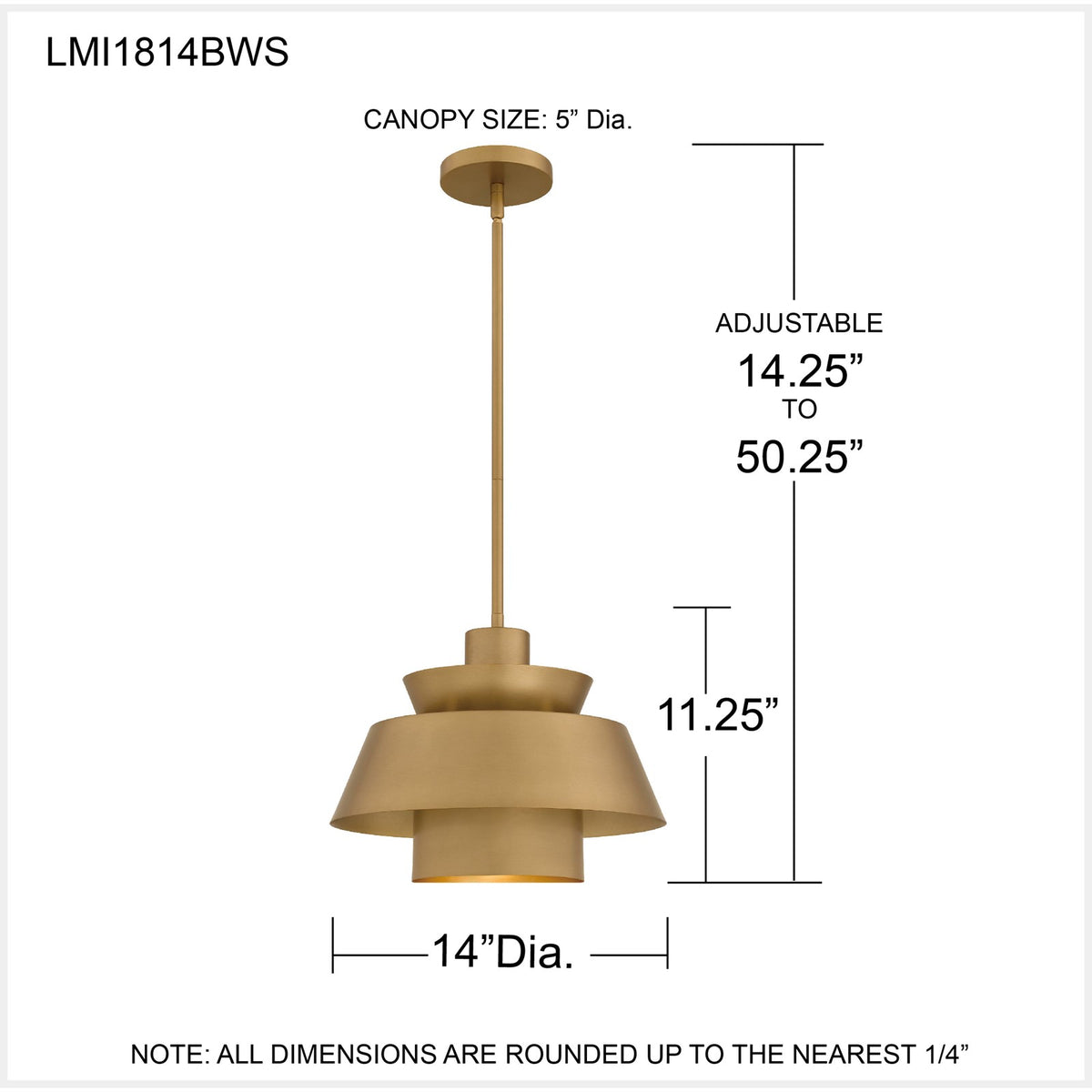 Quoizel Lumi 14in 1-Light Pendant | Modern Brushed Weathered Brass Steel | Kitchen Island & Dining Room | 14 x 14 x 11 in | Model LMI1814BWS