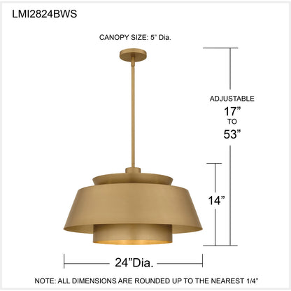 Quoizel Lumi 24in 3-Light Pendant | Modern Brushed Weathered Brass and Metal | Kitchen Island & Dining Room | 24 x 24 x 14 in | Model LMI2824BWS