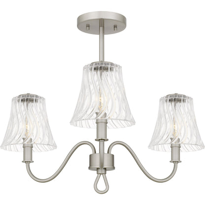 Quoizel McKinney 21in 3-Light Semi-Flush Mount | Traditional Brushed Nickel and Clear Swirl Glass | Bedroom & Foyer | Model MCK1722BN