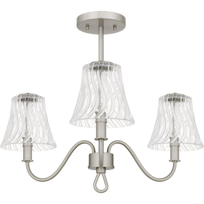 Quoizel McKinney 21in 3-Light Semi-Flush Mount | Traditional Brushed Nickel and Clear Swirl Glass | Bedroom & Foyer | Model MCK1722BN