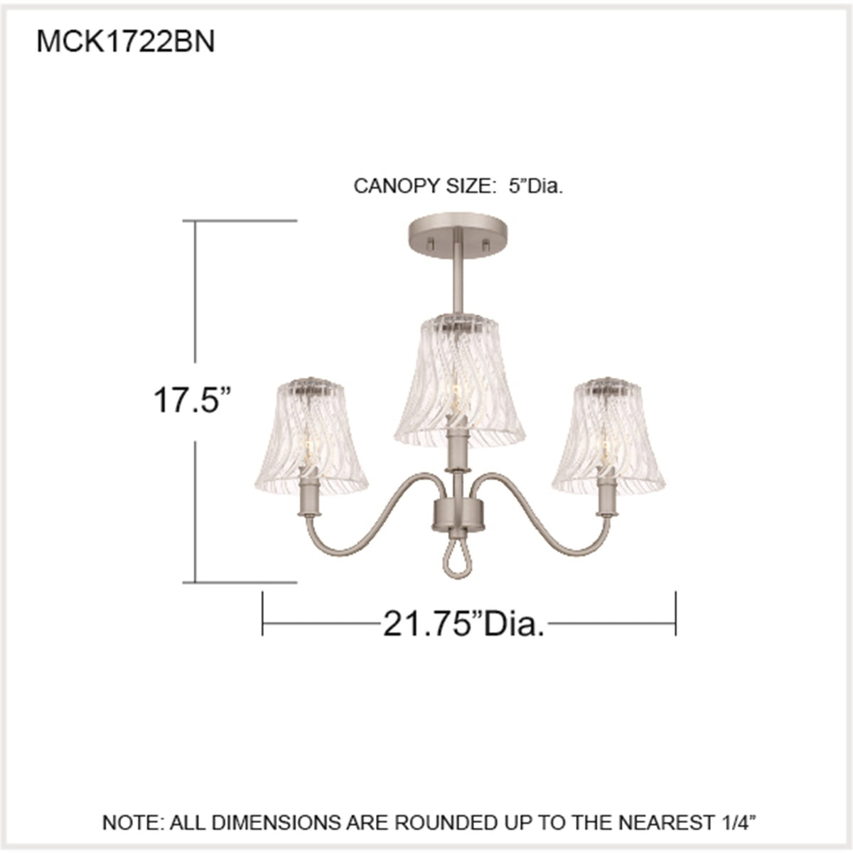 Quoizel McKinney 21in 3-Light Semi-Flush Mount | Traditional Brushed Nickel and Clear Swirl Glass | Bedroom & Foyer | Model MCK1722BN
