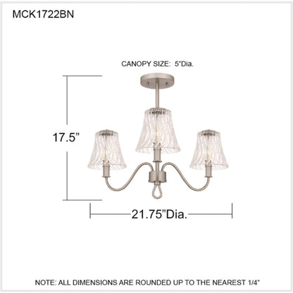 Quoizel McKinney 21in 3-Light Semi-Flush Mount | Traditional Brushed Nickel and Clear Swirl Glass | Bedroom & Foyer | Model MCK1722BN