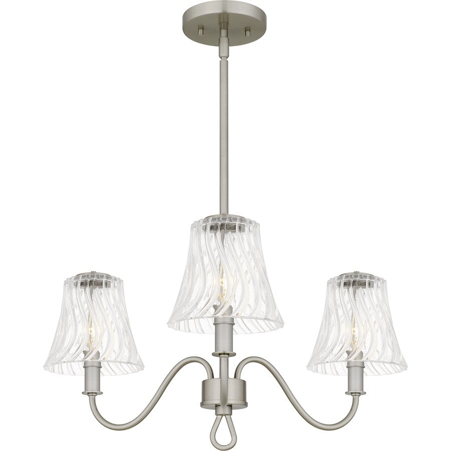 Quoizel McKinney 22in 3-Light Chandelier | Traditional Brushed Nickel and Clear Swirl Glass | Dining Room & Foyer | Model MCK5022BN