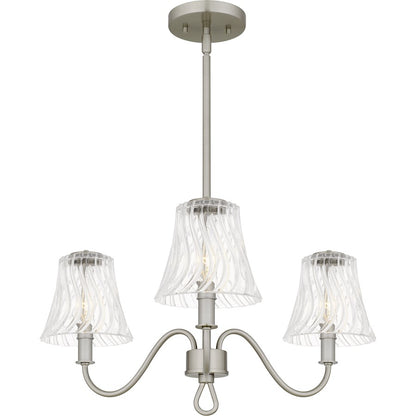 Quoizel McKinney 22in 3-Light Chandelier | Traditional Brushed Nickel and Clear Swirl Glass | Dining Room & Foyer | Model MCK5022BN